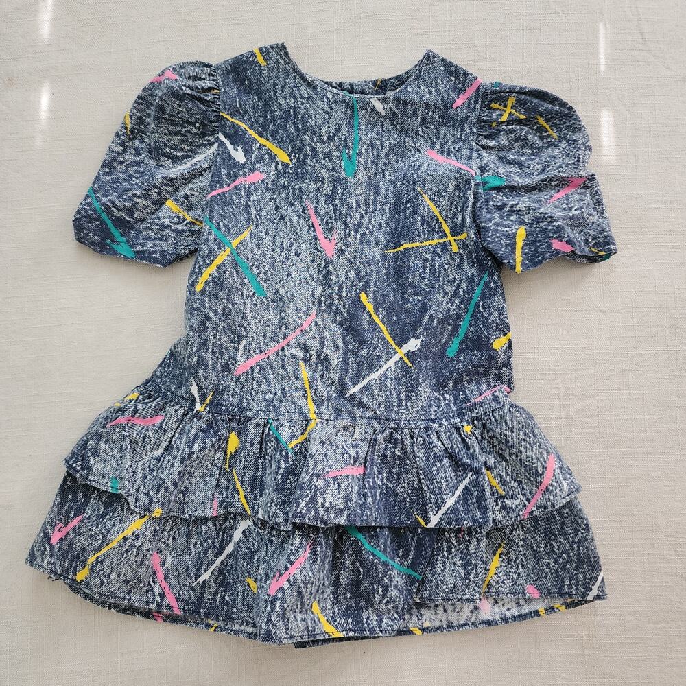Vintage 80s In Style Girls 4T Dress Paint Splatter Drop Waist Ruffle